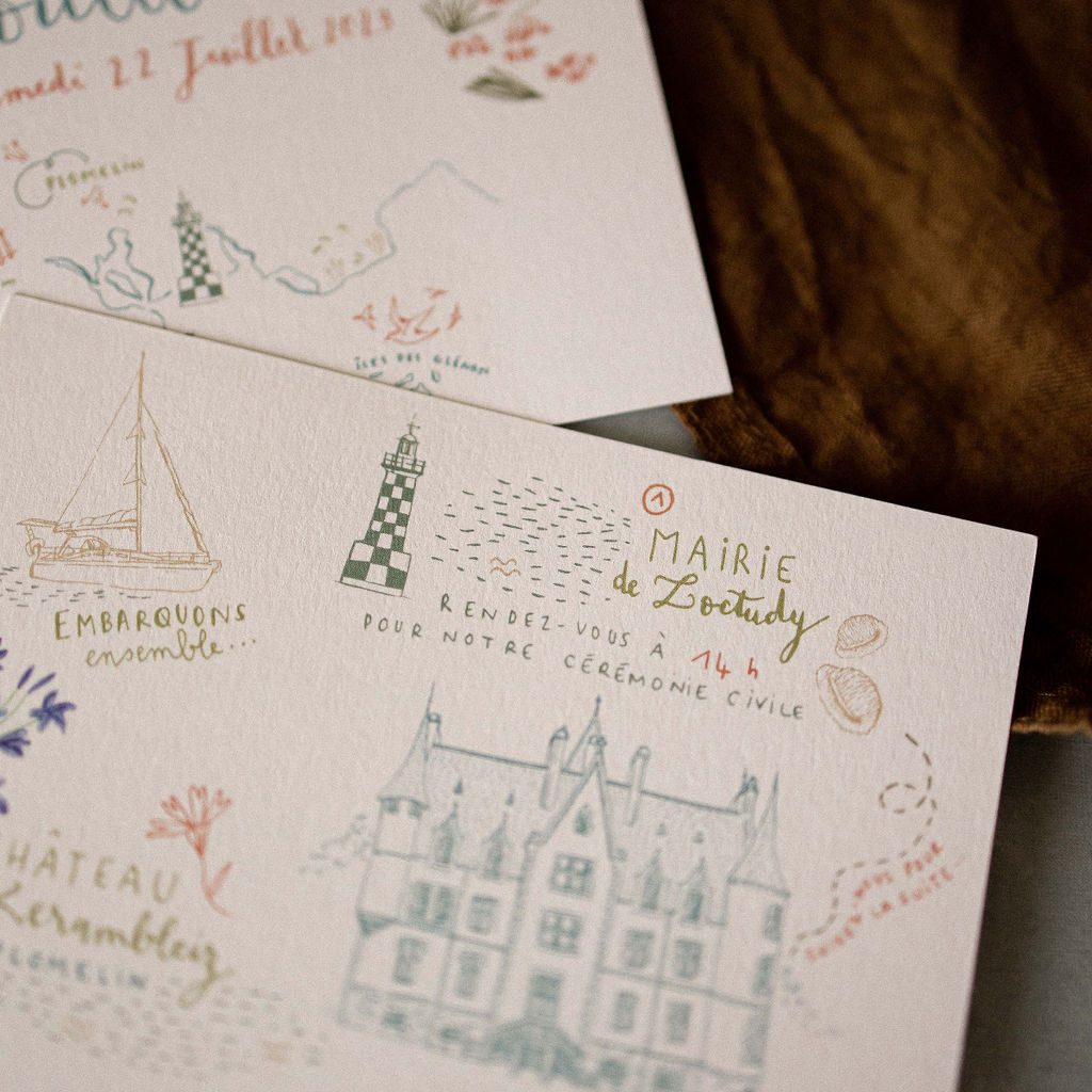 Faire-part mariage en Bretagne esprit bord de mer illustré