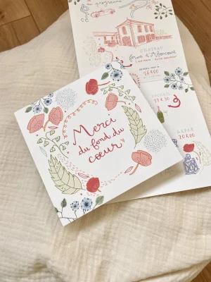 carte de remerciement rose et bleu carré