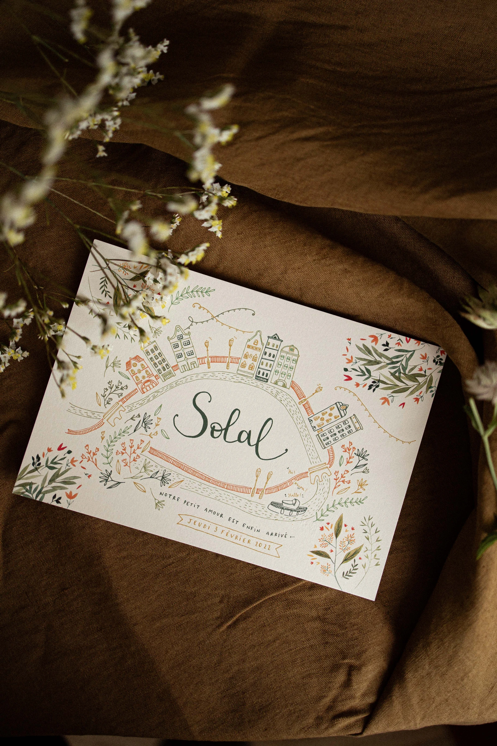 affiche de naissance jaune et vert et illustration d'Amsterdam