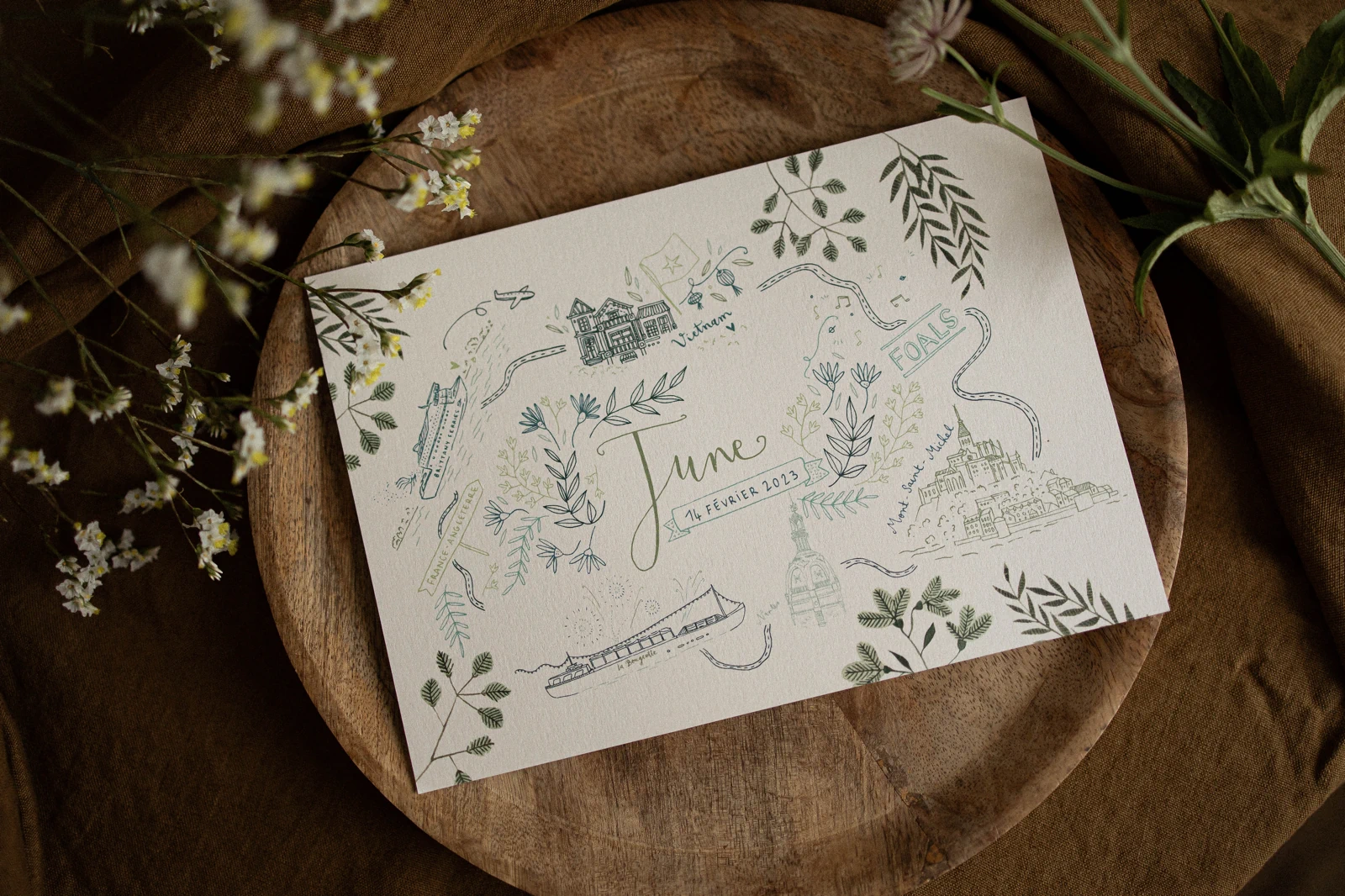 faire-part naissance dessins à l'aquarelle bleu et vert