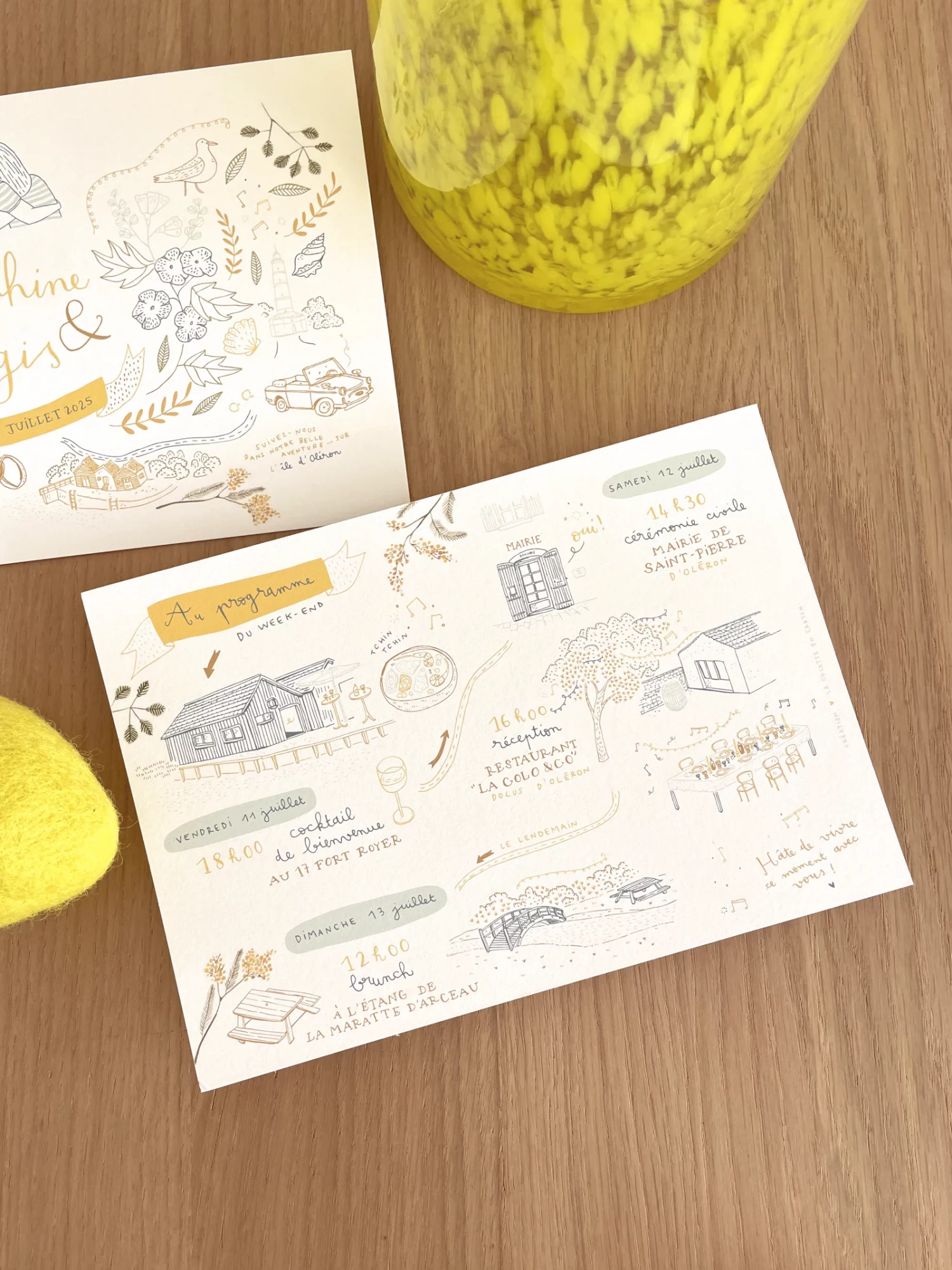 faire-part mariage original paysage breton jaune bleu