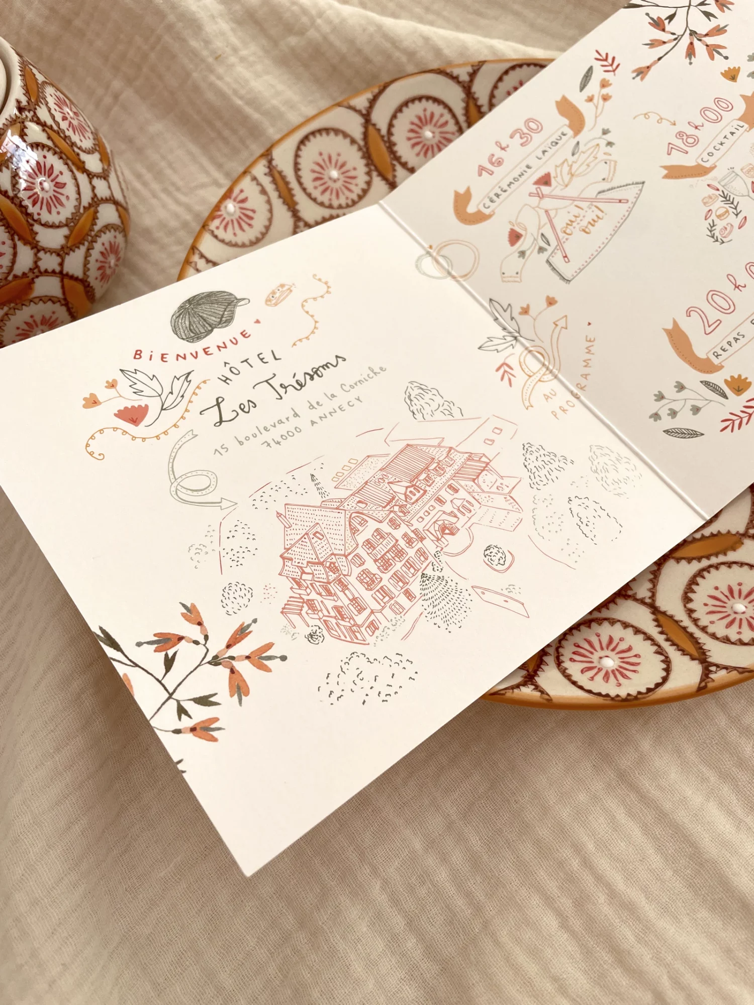 faire-part dessin lieu de réception annecy hôtel les trésoms