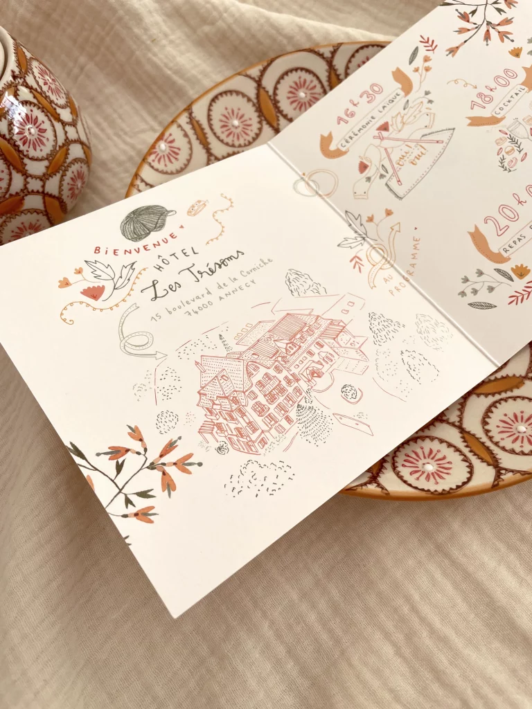 faire-part dessin lieu de réception annecy hôtel les trésoms